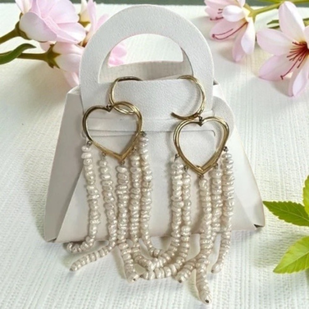 Joanna Laura Constantine Heart Pearl Dangle‎ Earrings Gold Plated Statement